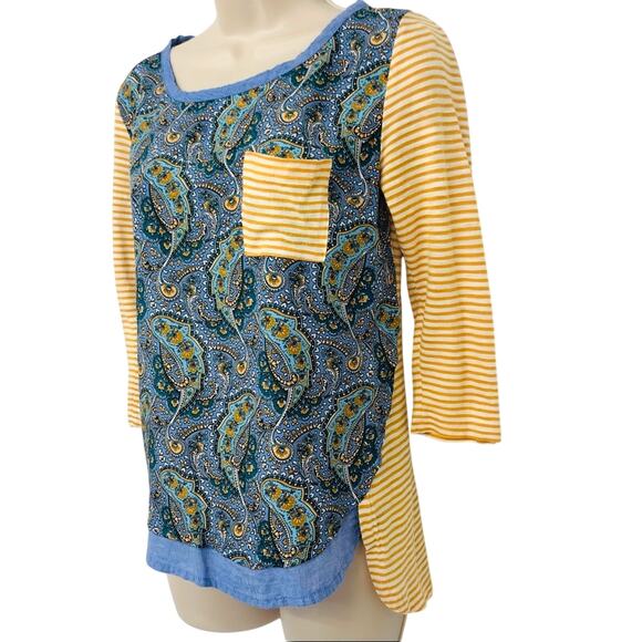 Y2k Anthropologie Postage Stamp Mix Media Popover Top Yellow Blue Paisley Print - Picture 3 of 16